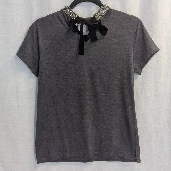 Boston Proper XS Gray Tee with Bejeweled Neck - Picture 2 of 13